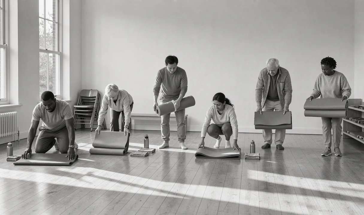 Several adults folding exercise mats in a sunlit community hall