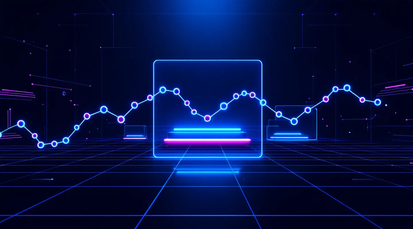 Cyberpunk console hero — glowing wireframe of an abstract 29-amino-acid peptide chain on a navy grid background with cyan and magenta rim-lighting