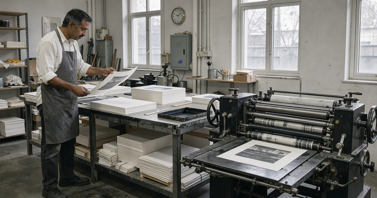 A printworks employee checking a sheet beside a black mechanical printing press