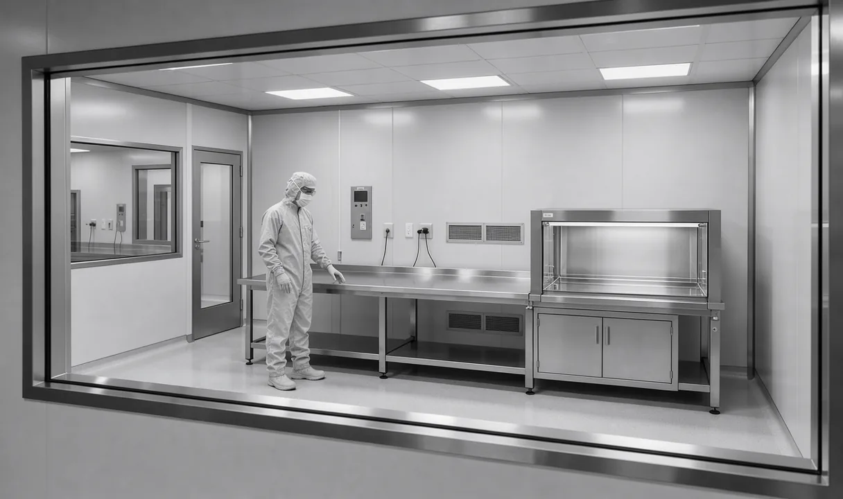 A technician beside a stainless steel workbench in a bright pharmacy cleanroom