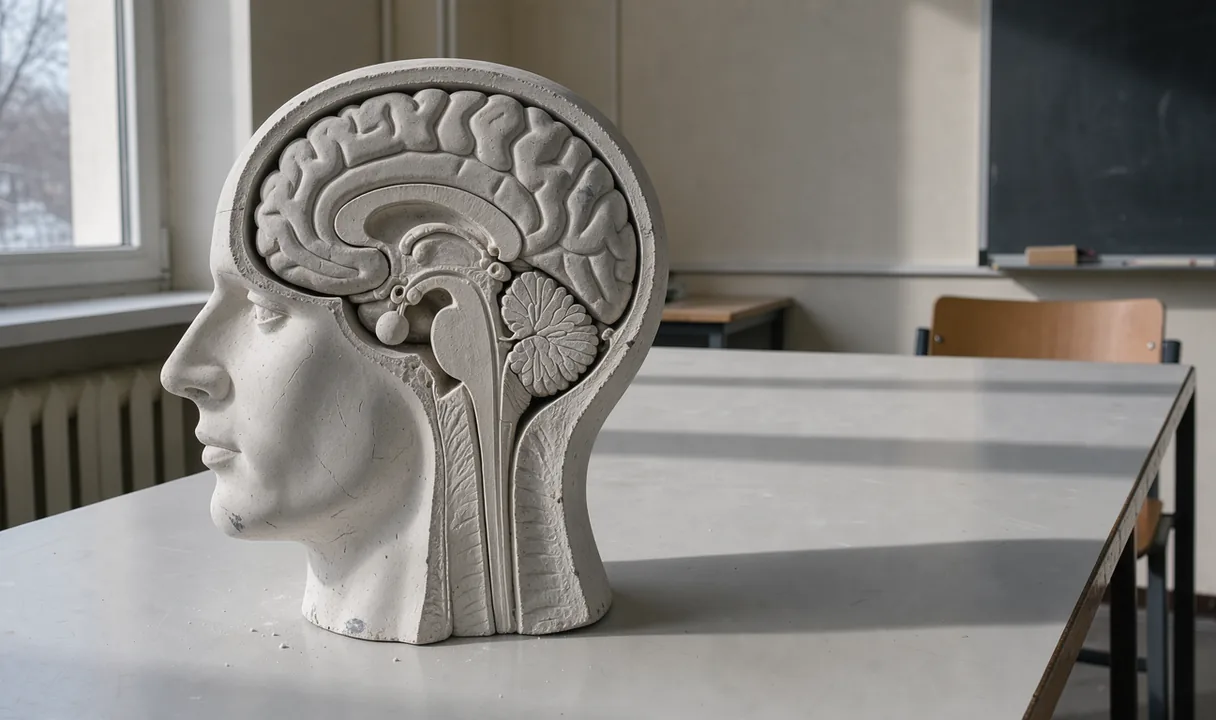An unlabelled plaster head section with the pituitary visible beneath the brain